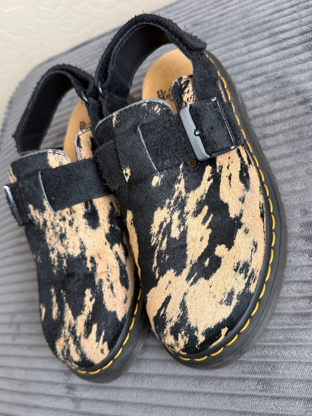 Dr. Martens Black and Tan Cow-Print Velcro Clogs-